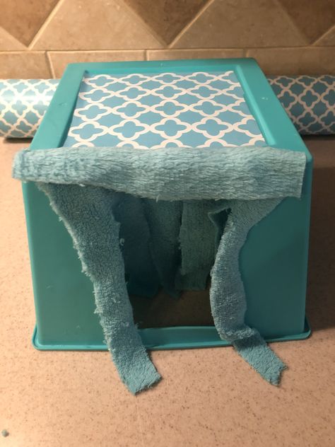 DIY hideout from dollar tree bin, fleece scraps, and contact paper accent Guinea Pig Hideout Diy, Rabbit Hideout Diy, Diy Guinea Pig Hideout, Diy Guinea Pig Toys, Pet Enrichment, Fleece Scraps, Bunny Tips, Diy Guinea Pig Cage, Animal Enclosures