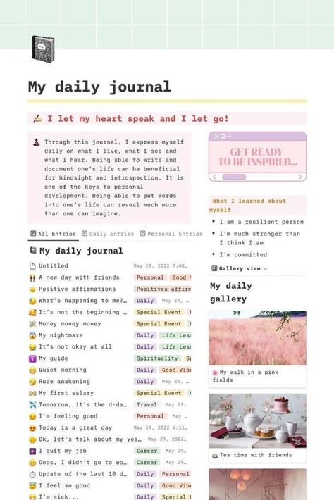 Cute Notion Template Ideas, Notion Daily Journal Template, Notion Photos Aesthetic, Aesthetic Notion Template Link, Notion Vision Board Template, Notion Daily Journal, Notion Journal Template, Notion Layout, Notion Journal