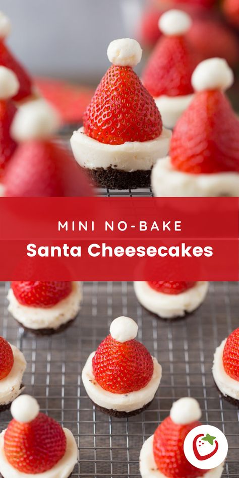 Strawberry Cheesecake Santa Hats, Santa Cheesecake Bites, Mini Santa Hat Cheesecakes, No Bake Cheesecake Christmas, Cheesecake Santa Hats, Christmas Mini Cheesecakes, Christmas Desserts Cheesecake, Santa Cheesecake, Santa Desserts