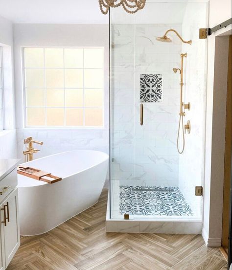 White Bathrooms With Pop Of Color, Graphic Tile, Small Master Bath, Shower Combo, Bathroom With Tub, Bathroom Addition, Cozy Bathroom, Bath Renovation, Bathroom Redesign