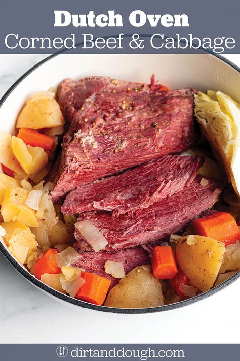 Corned beef and cabbage slowly cooked in beef stock with large chunks of potatoes and carrots. Cooked in a Dutch oven-baked in the oven for hours makes for tender veggies and mouth-watering corned beef. Don't wait for Saint Patrick's Day, make this all winter long. Dutch Oven Corned Beef, Pressure Cooker Corned Beef, Slow Cooker Corned Beef, I Heart Recipes, Beef Cabbage, Corn Beef, Cabbage And Potatoes, Heart Recipes, Pressure Cooking Recipes