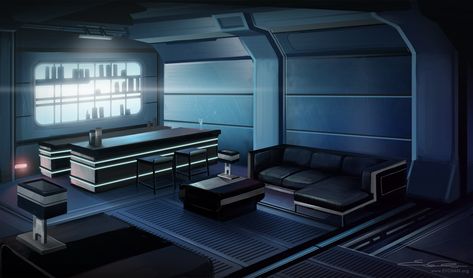 Mass Effect 3 Fanart - Normandy Lounge by SilentReaper.deviantart.com Scifi Furniture, Modern Futuristic Interior, Sci Fi Apartment, Scifi Room, Cyberpunk House, Futuristic Office, Scifi Environment, Futuristic Interior Design, Futuristic Tech