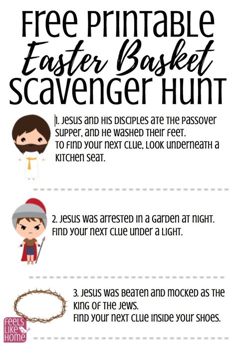 Free printable Christ-Centered Easter basket scavenger hunt for Easter morning - A treasure hunt is a great way to find your Easter basket. This hunt for kids, tweens, or teens uses the main points of the Easter story of Jesus as clues. Awesome Christian fun in riddles. Great for families at home. Religious and Bible-based. Easy clues using both indoor and outdoor spots. Easter Basket Scavenger Hunt, Christ Centered Easter Basket, Easter Basket Hunt, Christian Easter Basket, Easter Scavenger Hunt Clues, Fun Easter Games, Christ Centered Easter, Easter Games For Kids, Easter Party Games