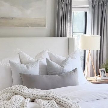 Meredith Drew on Instagram: "Answering my FAQ and sharing all the details on our primary bedroom. Comment LINK to shop! ▫️Paint color: BM Simply White (matte on walls, and semi-gloss on trim) ▫️Upholstered bed: from @jossandmain we have the Zuma White color in king size. We’ve had for 3 years and we love, a great designer look for less. ▫️Cream upholstered and brass end of bed bench: the best price I’ve ever seen right now! Will fit a king or queen size bed. ▫️Nightstands: from @crateandbarrel Blanket Mirror, Bm Simply White, White Upholstered Bed, King Or Queen, End Of Bed Bench, White Sheets, White Duvet, Queen Size Bed, Primary Bedroom