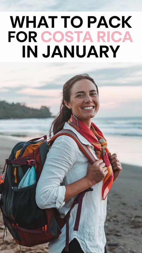 Female solo traveler in Costa Rica during the summer. She is standing on a beach with the ocean in the background. She is wearing a white shirt and a red and orange scarf. She is holding a backpack. The text on the image says "What to Pack for Costa Rica in January". Packing For Costa Rica, Pack For Costa Rica, Costa Rica Outfit, Costa Rica Packing List, Costa Rica Packing, Costa Rico, January Outfits, Hiking Outfit, Miss A