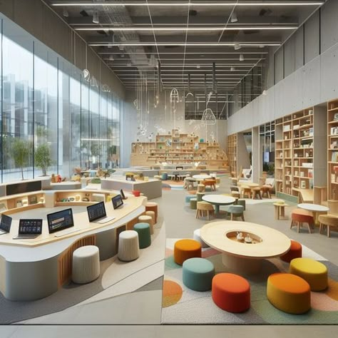 Classroom Modern Design, Rocking Bed, Education Design Interior, Public Library Design, Bed Montessori, Spring Toys, Coworking Space Design, School Library Design, Climbing Arch