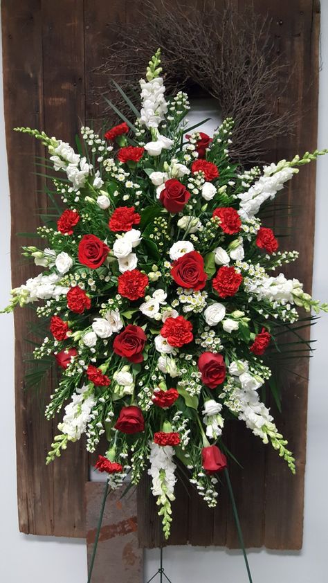 Red And White Casket Spray, Red Rose Casket Spray, Red Casket Spray, Floral Spray Arrangement, Memorial Flowers Arrangements, Flower Reef, Flowers Arrangements Ideas, Casket Flowers, Sympathy Arrangements