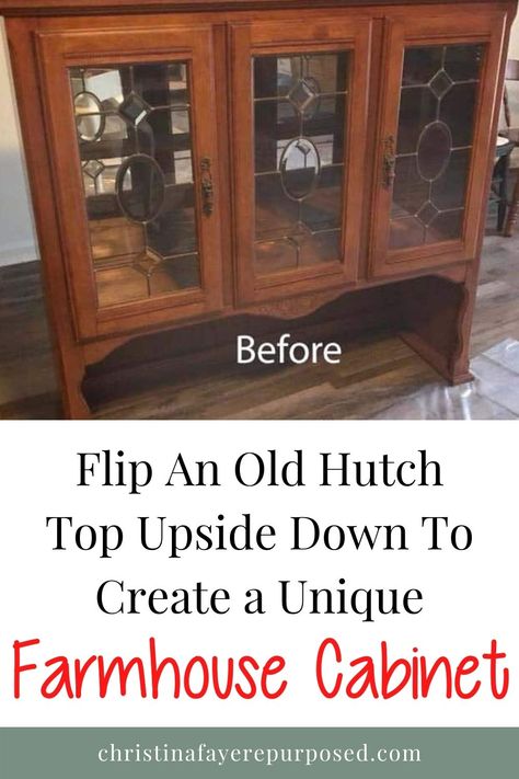 Repurpose Top Of China Cabinet, Front Porch Cabinet Ideas, Buffet Top Repurposed, Repurposed Dresser Ideas Storage, Thomasville China Cabinet, Farmhouse Remodel Interior, China Cabinet Split In Half, Diy Farmhouse Cabinets, 2 Piece Hutch Separated