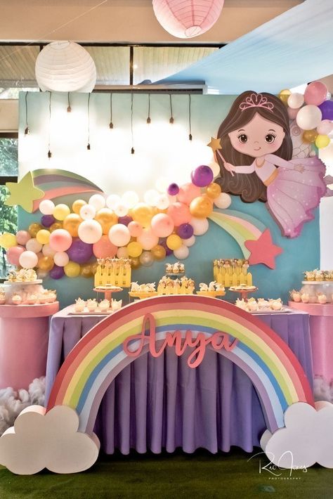 Rainbow Theme Decorations, 7th Birthday Party For Girls Themes, 7th Birthday Party For Girls, First Birthday Decoration Ideas, Princess Theme Party Decorations, Fairy Birthday Themes, Fairy Theme Birthday Party, Rainbow Themed Birthday Party