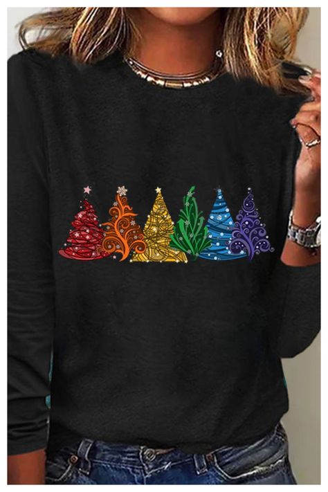 Women's Christmas Tree Cotton-Blend Crew Neck Casual Long Sleeve Shirt Clothes For Women Over 60, Tree Cotton, Womens Christmas Tops, Graphic Christmas, Khaki Style, Color Block Shirts, Christmas Clothes, Womens Christmas, Fashion Jackson