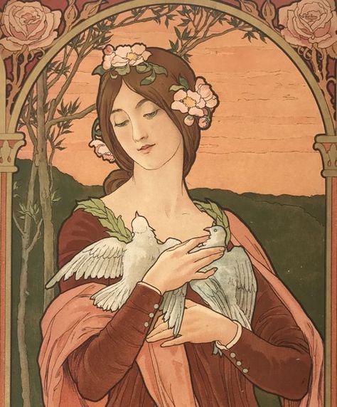 Elisabeth Sonrel (1874-1953) - 'Les tourterelles' - Art Nouveau chromolithograph, signed - gold leaf oak frame - Catawiki Art Noveau Illustrations, Art Neauveau Woman, Elizabeth Sonrel, Elisabeth Sonrel, Art Nouveau Bird, Romantic Medieval, Cardboard Poster, Art Nouveau Frame, Art Nuevo