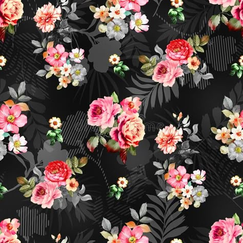 Illustration about Seamless flower pattern, floral allover design with digital texture backgroundn. Illustration of design, summer, bouquet - 188786347 Digital Flower Design Pattern, Floral Allover Pattern, Digital Allover Design, Digital Design Textile, Blouse Desine, Suit Texture, Kashmiri Work, Flower Allover, Flowers Black Background