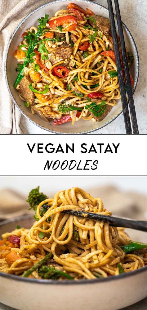 Vegan Satay Noodles Vegan Satay, Satay Noodles, Easy Asian Noodle Recipes, Easy Asian Noodles, Asian Noodle Recipes, Vegan Party Food, Vegan Party, Gluten Free Noodles, Peanut Noodles