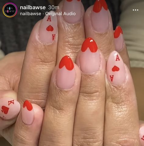 Ace Heart Nails, Heart Card Nails, Card Suit Nails, Ace Of Hearts Nails, Card Inspired Nails, Queen Of Heart Nails Acrylic, Ace Card Nails, Valintens Nail Ideas, Nails Inspiration Red