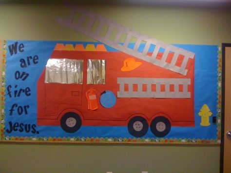 The boys love the fire truck board! Fire Truck Bulletin Board, Fire Safety Unit, Paper Fire, Toy Room Organization, Fire Prevention Week, Transportation Crafts, Door Decorating Contest, Fire Prevention, Toddler Arts And Crafts