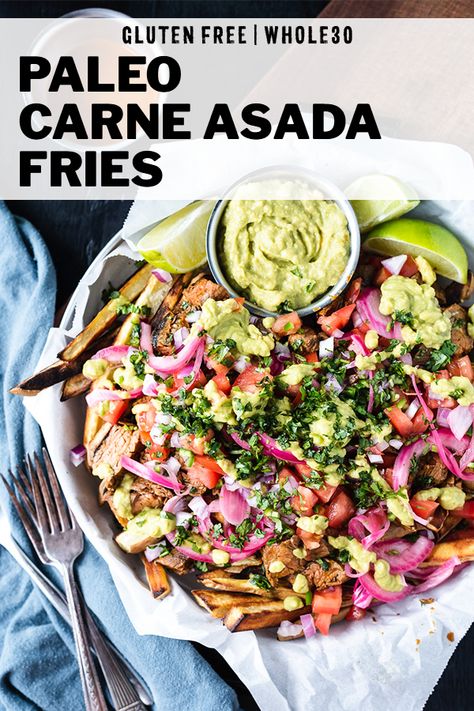 Gluten Free Carne Asada Fries Recipe - Recreate this San Diego favorite at home with booming homemade carne asada and simple baked sweet potato fries! You'll find the best carne asada marinade in this post - perfect for these smothered fries or carne asada tacos! It's a paleo recipe you'll always want on hand! Also Whole30 friendly. #paleorecipes #glutenfree #carneasada Best Carne Asada Marinade, Smothered Fries, Carne Asada Fries Recipe, Homemade Carne Asada, Asada Marinade, Carne Asada Marinade, Carne Asada Fries, Baked Sweet Potato Fries, Paleo Appetizers