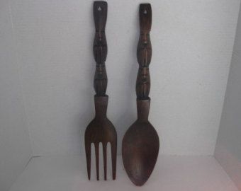 See the bumpy handles -- these are not flat and not sure how to get them on the wall!!  They are NOT terribly heavy. Fork Spoon Wall Decor, Spoon Wall Decor, Spoon And Fork Set, Vintage Tiki, Couch Fabric, Fork And Spoon, How To Hang, Wood Spoon, Spoon Fork