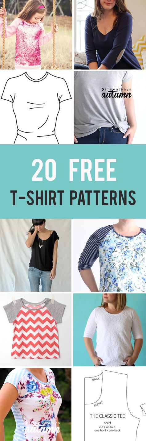 20 free t-shirt patterns you can print and sew at home! Free sewing patterns for women's t-shirts, kids t-shirts, mens t-shirts. Shirt Sewing Patterns, Shirt Patterns For Women, Shirt Patterns, Sewing Patterns For Women, Sewing Patterns Free Women, T Shirt Sewing Pattern, Trendy Sewing Patterns, Shirt Sewing, Sewing Tops