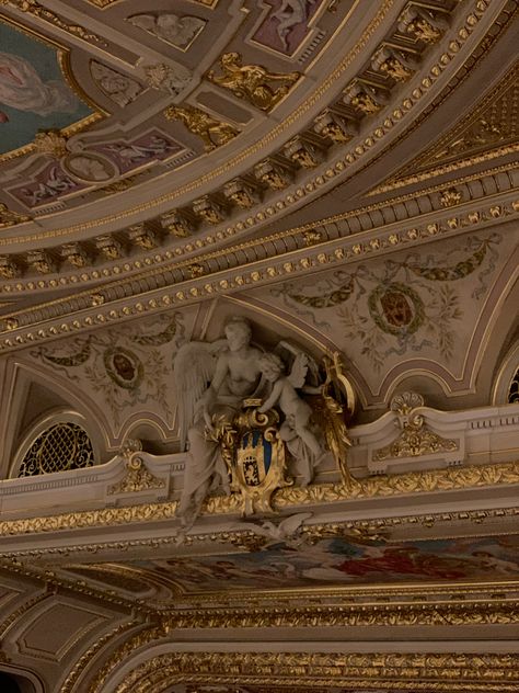 The interior of the opera house.  Above the stage we see the royal coat of arms of the city of Lviv, above which a little angel flies and sits a muse holding an olive gilded branch Opera House Aesthetic, Russian Opera, Architecture Sculpture, Ballet Theater, Lviv Ukraine, Royal Ballet, National Theatre, The Opera, Party Entertainment