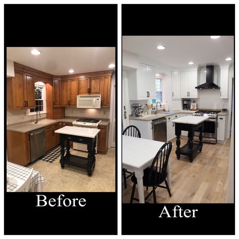 We started with removing the cabinet and microwave above the oven. Then we tiled the backsplash with a white subway tile and white grout (this is a small, dark space. We decided to do white on white to make the space seem brighter). Next we took the cabinet doors down and sanded each cabinet. Then cleaned with TSP. We decided to use a sprayer instead of hand paint. We primed the cabinets with Kilz and topped the cabinets with SW White color. Once the kitchen was done, we had hardwood installed. Before After Kitchen, Diy Kitchen Renovation, After Pictures, Kitchen Remodeling Projects, Before And After Pictures, After Photos, Kitchen Projects, Covent Garden, Kitchen Remodel Idea