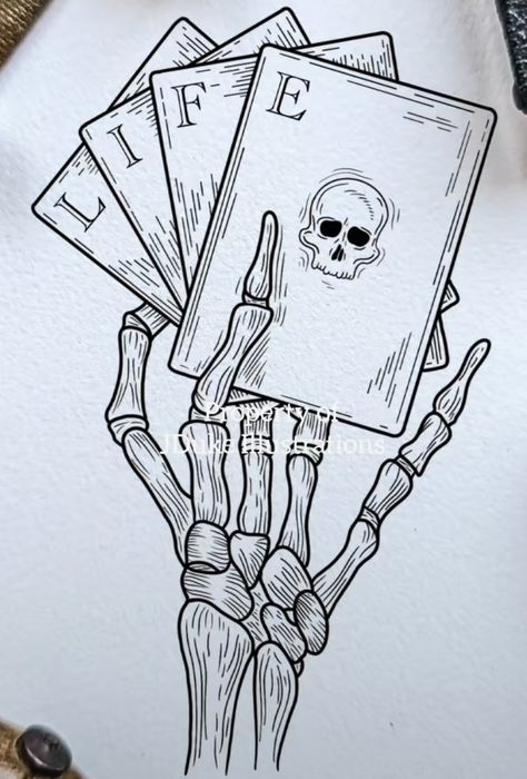 Skeleton Hand Holding Cards, Hand Holding Card, Skeleton Hands Drawing, Skeleton Hand Holding, Fineliner Art, Tattoo Outline Drawing, Indie Drawings, Tattoo Style Drawings, Card Drawing