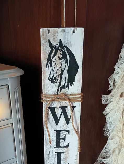 Western Welcome Sign, Board Welcome Sign, Horse Doors, Ranch Farmhouse, Cut Nails, Ranch Horse, Pallet Boards, How To Cut Nails, Hand Stencil