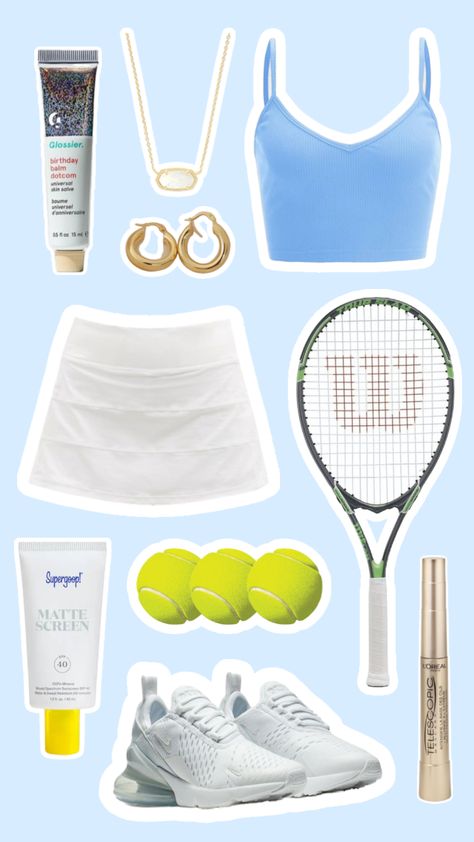 Preppy tennis fit Preppy Exercise Outfits, Tennis Preppy Outfits, Preppy Sports Outfits, Preppy Tennis Outfit, Tennis Outfit Preppy, Preppy Camp, Tennis Essentials, Cute Tennis Outfit, Pickleball Outfit