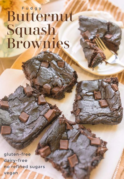 Healthy Butternut Squash Fudge Brownies: Gluten-Free & Vegan Recipe Butternut Squash Dessert Healthy, Butternut Squash Vegan Recipes, Butternut Brownies, Butternut Squash Dessert Recipes, Butternut Squash Brownies, Healthy Butternut Squash Recipes, Vegan Squash Recipes, Squash Brownies, Butternut Squash Dessert