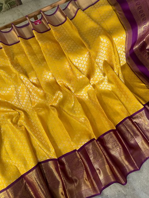 Please follow us in insta https://www.instagram.com/aravindadesignstudio/ For orders or enquiries please WhatsApp us on (+91)7330901365/(+1) 8586035605 Wedding Yellow Saree Indian, Yellow Purple Saree, Kanchipuram Saree Wedding, Blue Wedding Decorations, Latest Silk Sarees, New Saree Designs, Purple Saree, Wedding Designer, Yellow And Purple