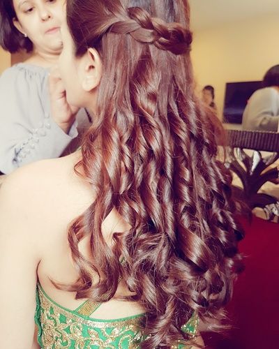 Hairstyles for Engagement - Loose curls with a Braid on Head | WedMeGood #wedmegood #indianbride #indianwedding #curls #braid #hairstyle #hairstyleforengagement Causal Hairstyle, Hairstyles Wedding Indian, Loose Curls Hairstyles, Hairstyles Indian, Indian Wedding Hairstyles, Braid Hairstyle, Cute Curly Hairstyles, Wedding Indian, Open Hairstyles