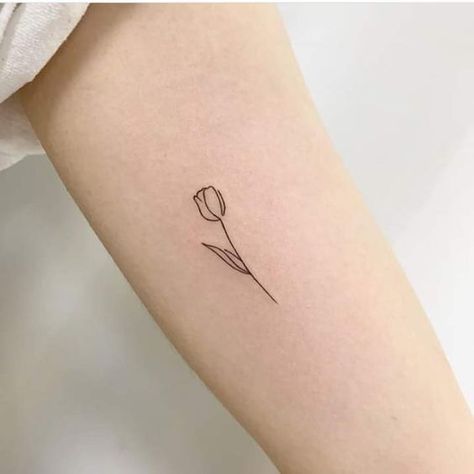 Tulip Tattoo With Name In Stem, Minimal Tulip Tattoo, Minimalist Tulip Tattoo, Fine Line Tulip Tattoo, Tulip Flower Tattoo, Matching Tattoos For Couples, Couple Tattoo Ideas, Tiny Flower Tattoos, Tattoos For Couples