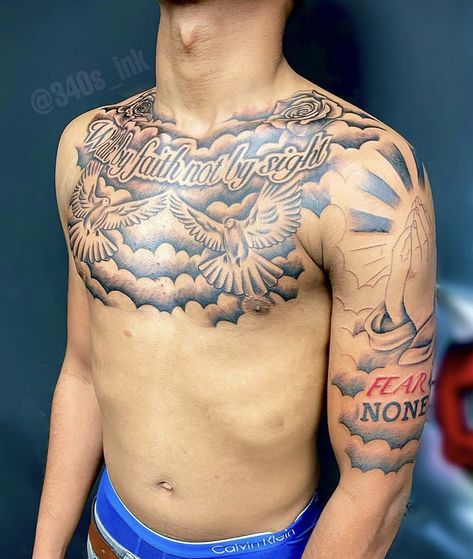 Full Chest Tattoo Men, Chest Tattoo Writing, Chest Tattoo Lettering, Chest Tattoo Quotes, Chest Tattoo Drawings, Arm Tattoos For Guys Forearm, Full Chest Tattoos, Tatted Men, Half Sleeve Tattoos Drawings