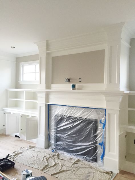 Our living room in progress Fireplace White Mantle, Gas Fireplace Mantle, Coastal Fireplace Ideas, Gas Fireplace Ideas Living Rooms, Coastal Fireplace, Fireplace White, White Mantle, Fire Surrounds, Cottage Fireplace