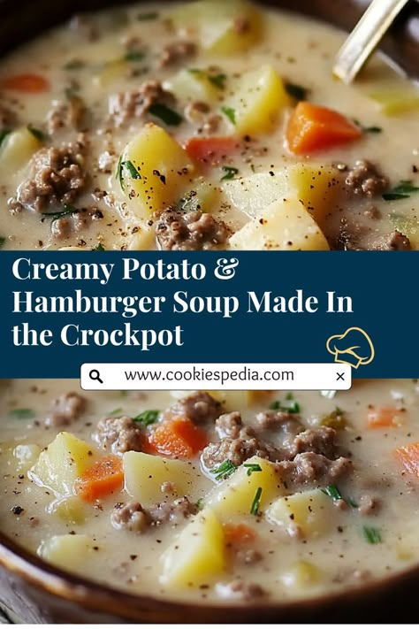 Warm your soul with this delicious Crockpot Creamy Potato & Hamburger Soup! Packed with hearty beef, creamy Velveeta, and tender potatoes, it's the ultimate comfort food. Easy, satisfying, and perfect for any day of the week! #PotatoSoup #CrockpotRecipes #ComfortFood Beef And Potato Soup, Hamburger Soup Crockpot, Hamburger Crockpot Recipes, Potato Hamburger Soup, Hamburger Potato Soup, Crispy Onion Rings, Easy Tasty Recipes, Loaded Potato Soup, Burgers And Fries