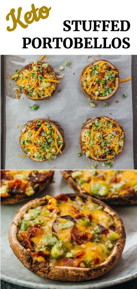 This is an easy recipe for making stuffed and roasted portobello mushrooms that are baked in the oven. Keto and low carb. The stuffing consists of crumbled bacon, scallions (green onions), cheese, and garlic. Simple and delicious! Low Carb Stuffed Portabella Mushrooms, Stuffed Portabella Mushrooms Healthy Low Carb, Stuffed Portabella Mushrooms Recipes, Keto Portobello Mushroom Recipes, Easy Portobello Mushroom Recipes, Healthy Portabella Mushroom Recipes, Flat Mushroom Recipes, Baked Mushrooms Oven Stuffed, Recipes With Portabella Mushrooms