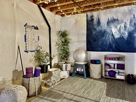 See how I transformed a basement into a gym /yoga space Garage Meditation Space, Yoga Space In Basement, Home Yoga Studio Ideas Basement, Yoga And Workout Room, Home Yoga Studio Ideas Gym Design, Yoga Garage Studio, Garage Yoga Studio Conversion, Basement Yoga Room, Unfinished Basement Workout Space