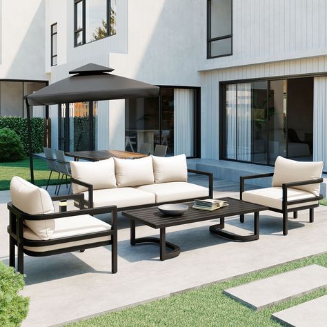 Beige 4-Piece Outdoor Steel Sofa Set - Bed Bath & Beyond - 38353290 Outdoor Sofa Set, Steel Sofa, Acacia Wood Table, Patio Sofa Set, Outdoor Sofa Sets, Beige Cushions, Patio Sofa, Conversation Set Patio, Single Sofa