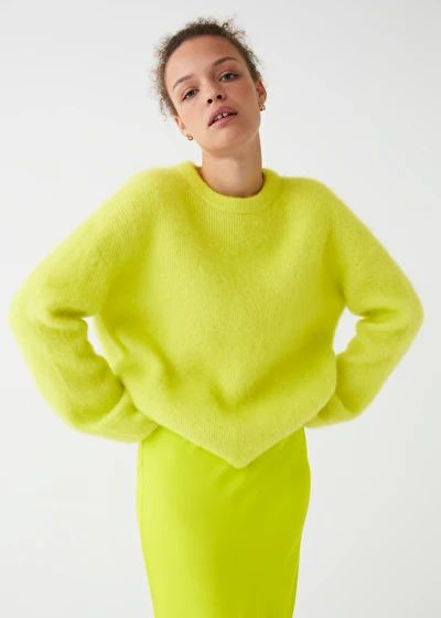 Fuzzy Knit Jumper - Yellow - Sweaters - & Other Stories US Other Stories Sweater, Leather Sock Boots, Neon Sweater, Striped Quilt, Mohair Knit, Trouser Outfits, Bright Winter, Fuzzy Sweater, Mohair Sweater