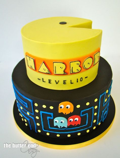 Pac Man themed birthday cake by The Butter End Cakery Arcade Game Cake, Pac Man Birthday Party, Arcade Themed Birthday Party, Arcade Cake, Pacman Birthday, Pac Man Cake, Arcade Birthday Parties, Arcade Birthday, Pac Man Party