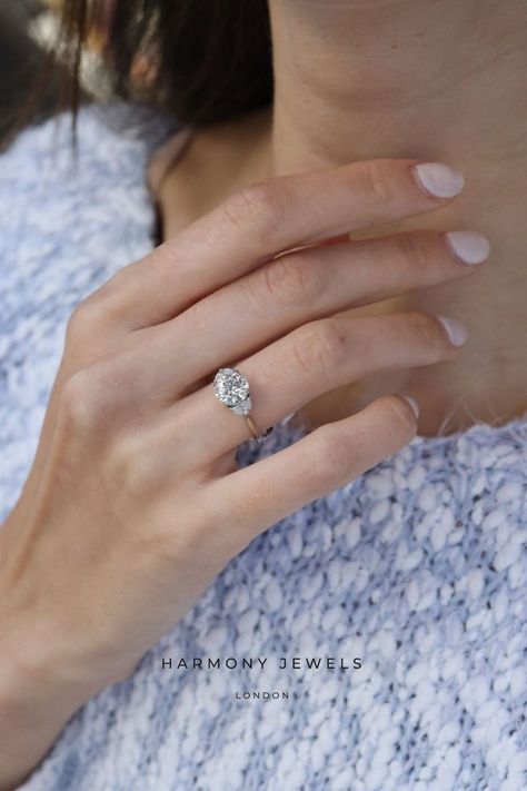 This stunning Trilogy engagement ring features a Round Centre diamond and half moon on the sides ✨ Half Moons, Trilogy Engagement Ring, Round Engagement Ring, Trilogy Ring, Bespoke Engagement Ring, Round Engagement Rings, Half Moon, Round Diamond, Bridal Jewelry