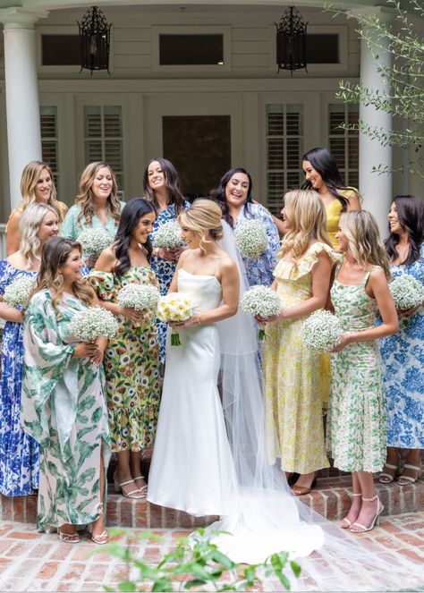 Formal Mismatched Bridesmaid Dresses, Formal Garden Party Wedding Attire, Mismatched Floral Bridesmaid Dresses, Blue Green Yellow Bridesmaid, Blue Yellow Green Wedding Bridesmaid Dresses, Green Floral Bridesmaid Dresses, Blue And Green Bridesmaid Dresses, Garden Party Wedding Bridesmaid, Mixed Blue Floral Bridesmaid Dresses