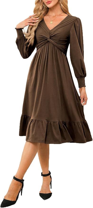 Dokotoo Long Sleeve Dress for Women 2024 Fall Wrap V-Neck Empire Waist Pocket Midi Dress Ruched Ruffle Flowy Hem Wedding Guest Dress Green Medium at Amazon Women’s Clothing store V-neck Dress With Gathered Sleeves For Fall, Fall Brown Boho V-neck Dress, Winter Brown V-neck Midi Dress, Brown V-neck Casual Dresses, Flowy Brown V-neck Midi Dress, Fall Wraps, Midi Dress Fall, Dresses Elegant, Twist Knot