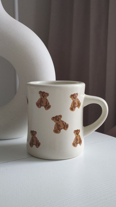 Teddy Bear Mug, Mug Painting, Pot Painting, Tea Brands, Matcha Tea, Cute Mugs, Pottery Painting, Kitchen Stuff, Black Bow