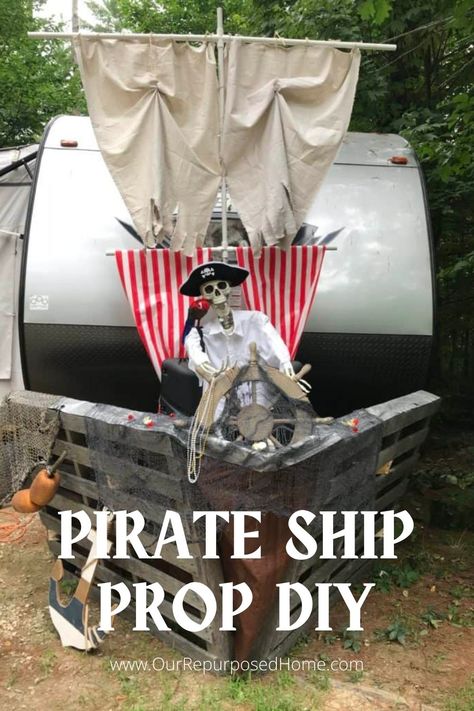 Set sail for a Halloween adventure with our DIY pirate-themed props. Transform your home into a pirate's den for a spooktacular night on the high seas! 🏴‍☠️⚓🎃 #PirateHalloween #DIYProps #HalloweenDecor" Pirate Sail Diy, Pirate Ship Sails Diy, How To Build A Pirate Ship For Halloween, Diy Pirate Chest, Pirate Ship Mast Diy, Pirate Diy Decorations, Diy Pirate Halloween Decorations, Cardboard Pirate Ship Diy, Diy Halloween Pirate Ship