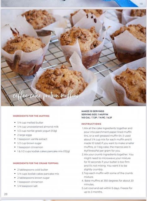 Macro Friendly Coffee, Healthier Desserts Clean Eating, Kodiak Cakes Recipe, Healthy Protein Desserts, Stay Fit Mom, Protein Muffin Recipes, Coffee Cake Muffins, Protein Coffee, Plant Based Desserts