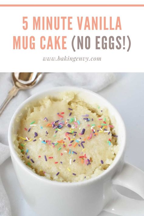 Enjoy a fluffy and moist vanilla cake without even turning on the oven! This vanilla mug cake takes just five minutes to prepare AND cook, making it the ultimate single-serve dessert. Moist Vanilla Cake Recipe, Cake No Eggs, Vanilla Mug Cake, Mugcake Recipe, Egg-free Recipes, Microwave Dessert, Mug Cake Healthy, Vanilla Mug Cakes, Moist Vanilla Cake