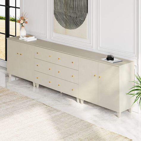 PRICES MAY VARY. Modern Kids Dresser: Combined with unique faux linen textured finish surface and gold knobs add a touch of elegance to any room. 32.4" Height makes you access and place the items without any effort. Ample Storage Space: 3-In-1 wide dresser features 6 large drawers each of which measures 20.9" L x 11.3" W x 5.9" H and 6 storage compartments for different size items. This set of beige baby dressers is great to organize your clothes, blankets, etc. As well as the 118"x15.3" wide ta Extra Wide Dresser, Storage Cabinet With Drawers, Wide Dresser, Home Storage Solutions, Solid Wood Sideboard, Kitchen Sideboard, Storage Closet Organization, Living Room Cabinets, Accent Doors