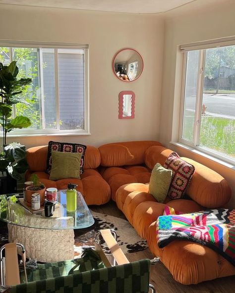 Orange Couch Aesthetic, Orange Couch Living Room, Couch Aesthetic, Orange Couch, Couch Living Room, House Aesthetic, Living Room Inspo, New Living Room, Couches Living Room