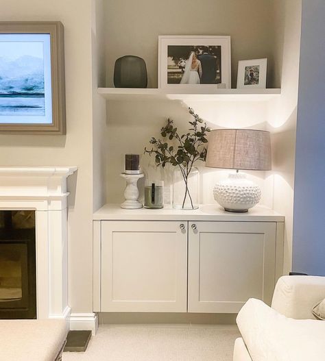 Alcove Storage Living Room, Aesthetic Home Decor Ideas, Alcove Ideas Living Room, Alcove Storage, Alcove Cabinets, Log Burner Living Room, Snug Room, New House Living Room, Built In Shelves Living Room