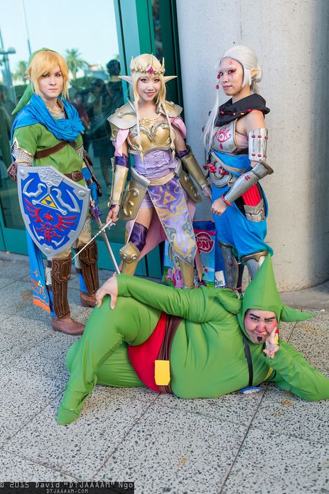 Link, Princess Zelda, Tingle, and Impa Legend Of Zelda Link Cosplay, Princess Zelda Outfit, Link And Zelda Cosplay, Tingle Zelda, Korok Cosplay, Zelda Costumes, Princess Zelda Cosplay, Legend Of Zelda Cosplay, Zelda Costume